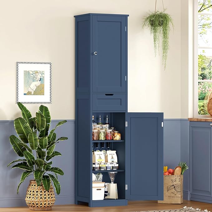 Iwell 67" Tall Bathroom Cabinet, Storage Cabinet with 2 Doors & 1 Drawer, Bathroom Storage Cabinets with Adjustable Shelves, for Living Room, Laundry Room, Home Office, Blue