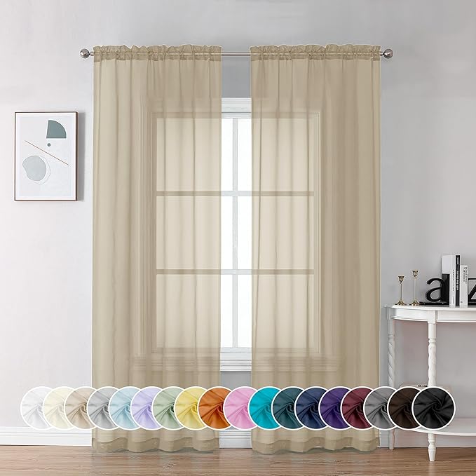 Chyhomenyc Taupe Sheer Curtains 72 Inch Length 2 Panels, Light Filtering Soft Airy Rod Pocket Voile Window Curtain Drapes for French Door Bedroom Living Room, Each 42Wx72L Inches