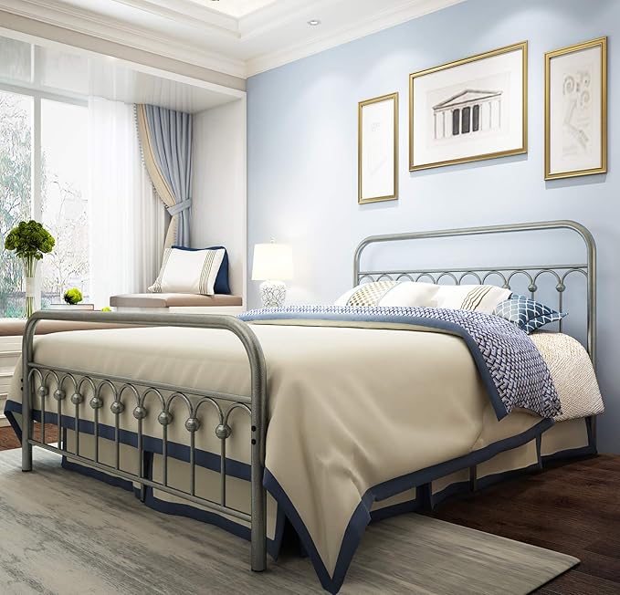 TUSEER Metal Bed Frame Queen Size with Vintage Headboard and Footboard Platform Base Wrought Iron Bed Frame Gray Silver (Queen, Gray Silver).