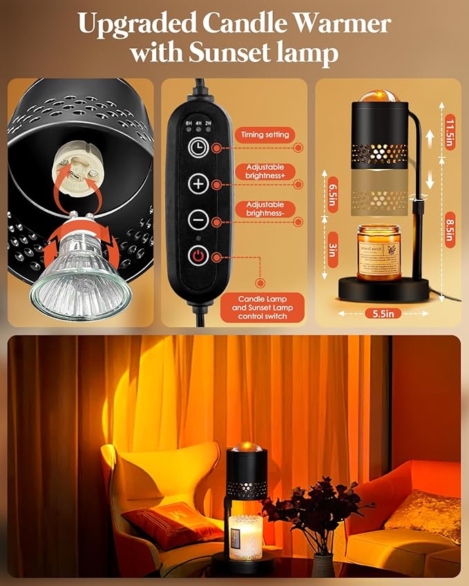 Candle Warmer Lamp with Sunset Lights: 2H/4H/8H Timer Brightness Adjustment - Electric Wax Warmer Light for Home Decor