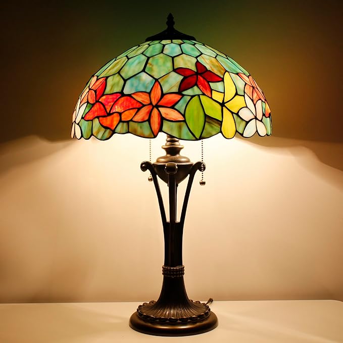 Tiffany Table Lamp Red Yellow Green Flowers Stained Glass Desk Lamp 16X16X24 Inches Reading Light