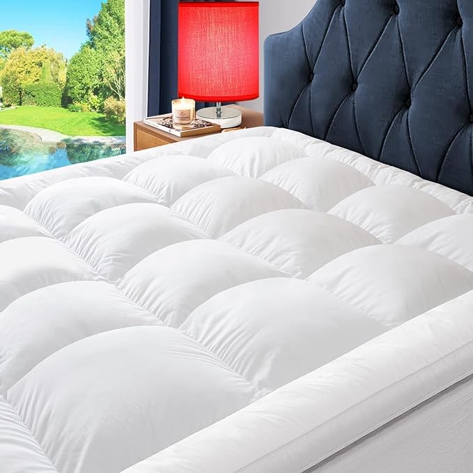 ELEMUSE 1300 GSM Mattress Topper Queen with Baffle Box Design,Extra Thick Cooling Pillow Top Pad, 400TC Cotton Cover, Plush & Support Snow Down Alternative, White
