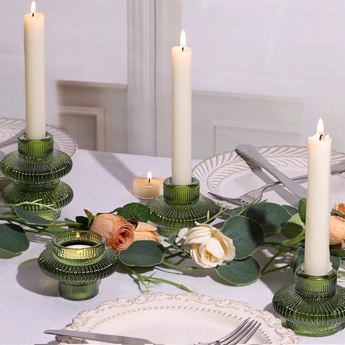 Green Taper Candle Holders Set of 10 for Taper Candles/Tea Lights, Ribbed Glass Candlestick Holders for Boho Wedding Table, Vintage Candle Sticks Holder Decor Home Decor