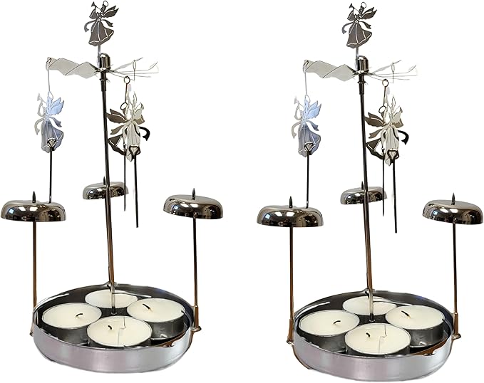 Spinning Angels Tealight Candle Spinner with Bell Chimes - Swedish Scandinavian Style Design - 8" H - Set of 2