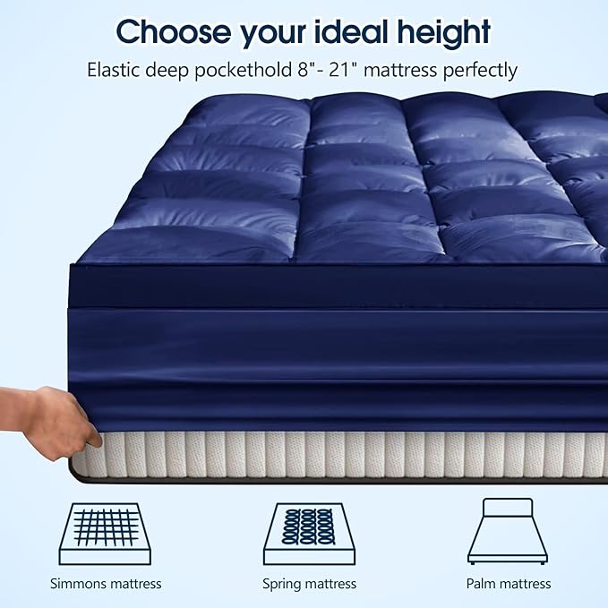 Mattress Topper Short Queen Size, CYMULA PillowTop Mattress Pad Cover for Bed Back Pain, Cooling Mattress Protector Extra Thick Firm Soft Floor Fill Overfilled with 8-21 Inch Deep Pocket, 60"x75"Navy