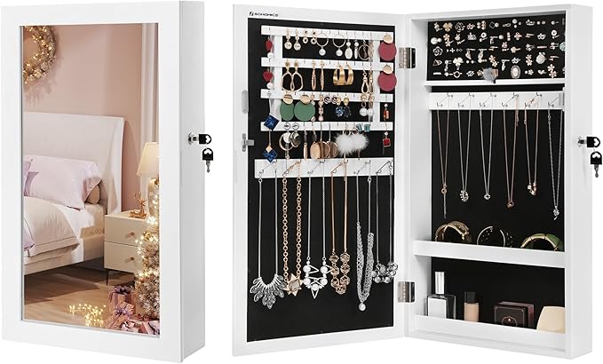 SONGMICS Lockable Jewelry Cabinet Armoire with Mirror, Wall-Mounted Space Saving Jewelry Storage Organizer, Christmas Gift, White UJJC51WT
