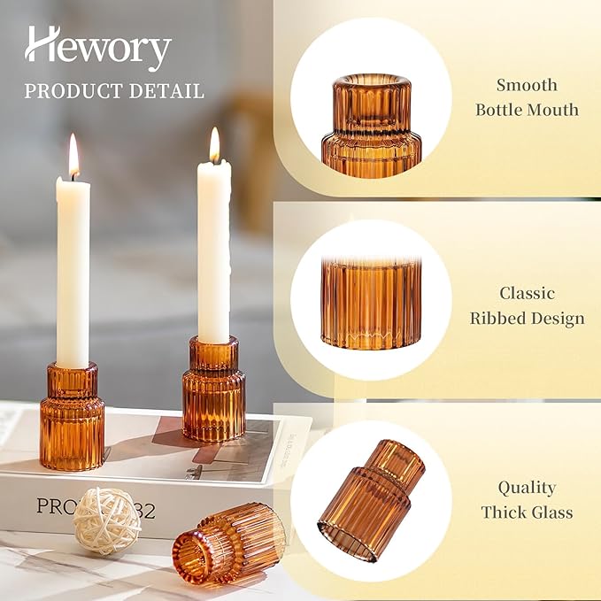 Hewory Glass Taper Candle Holders: 10 PCS Amber Elegant Candle Holder Candlestick Holders Bulk, Ribbed Glass Candle Holder Candle Sticks Holder Decor for Table Centerpiece Fall Thanksgiving Home Decor