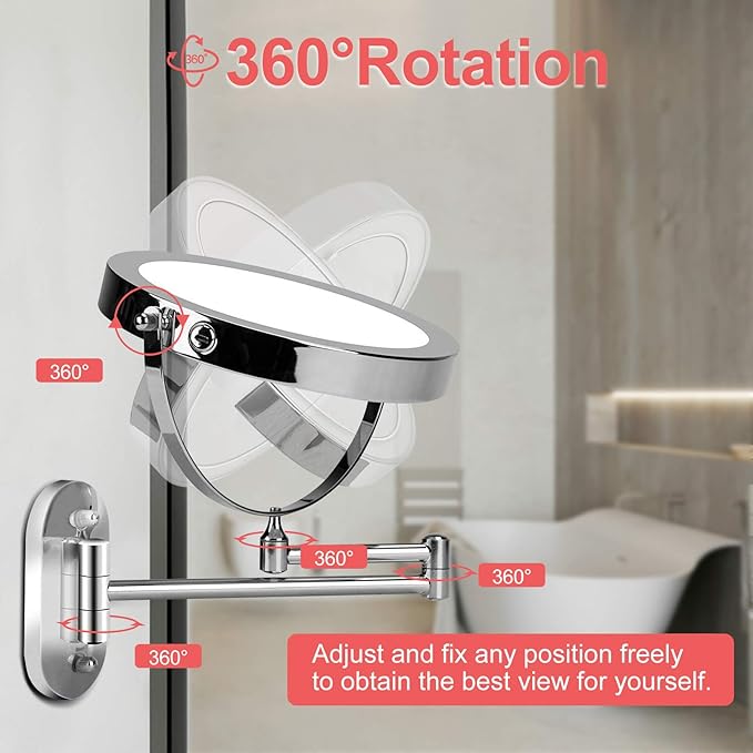Rechargeable Wall Mounted Lighted Makeup Vanity Mirror 8 Inch Double Sided 1X 10X Magnifying Bathroom Mirror, 3 Color Lighting, Touch Screen Dimming, Extended Arm 360 Rotation Shaving Light up Mirror