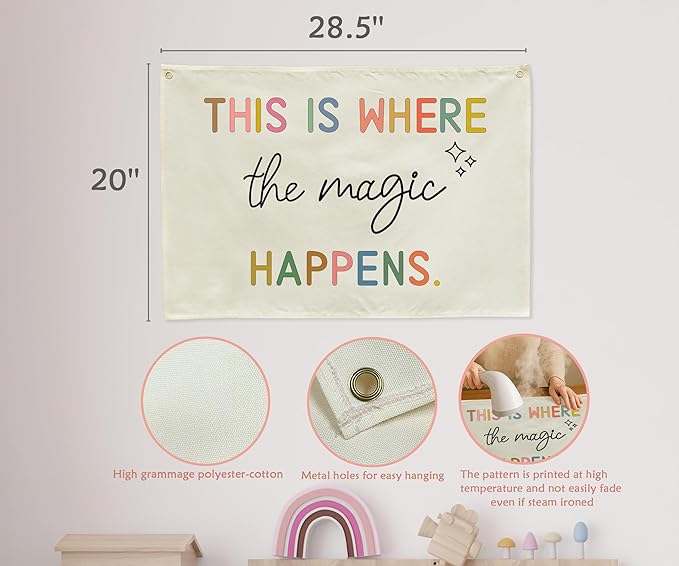 Boho Rectangular Banner Flag Wall Sign Decor Gift for Baby Boy Girl Kids,Nursery Baby Room Bedroom Living Room Office Decor-This Is Where the Magic Happen-Baby,Shower Birthday Christmas Gift