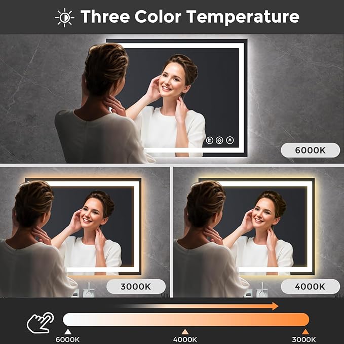Koonmi 30x40 LED Bathroom Mirror, Backlit + Front Lit, LED Bathroom Mirror with Lights for Wall, 3 Colors, Anti-Fog, Dimmable Brightness, Memory Function, Tempered Glass