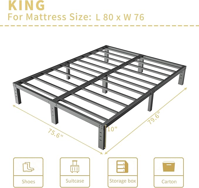 ALDRICH 10 Inch Metal King Size Bed Frame - Double Black Basic Steel Slats Platform, Easy Assembly Heavy Duty Noise Free Bedframes, No Box Spring Needed
