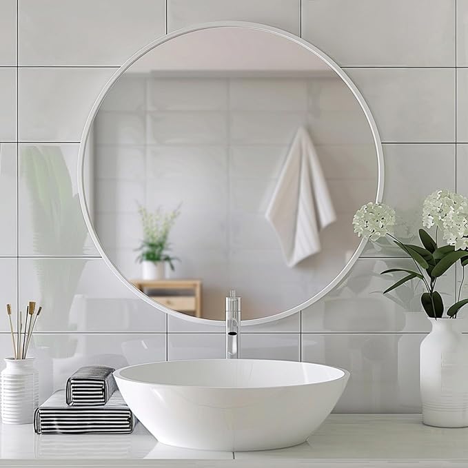 White Circle Mirror, Round Mirror 20 inch, White Round Mirrors Matte Metal Frame, Circle Mirrors for Bathroom, Bedroom, Living Room, Hallway.