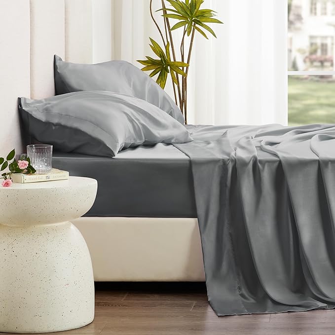 Love's cabin California King Satin Sheet Sets - 4 Piece Dark Grey Silky Sheets Bed Set with Deep Pocket, Luxury Silk Feel Satin Cal King Sheet Set (1 Flat Sheet,1 Fitted Sheet,2 Pillow Cases)