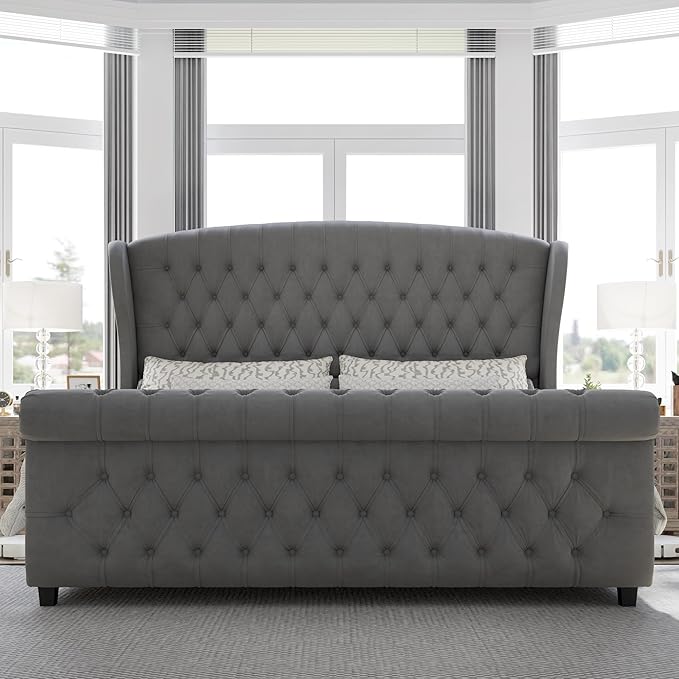 AMERLIFE Queen Size Platform Bed Frame, Velvet Upholstered Sleigh Bed with Scroll Wingback Headboard & Footboard/Button Tufted/No Box Spring Required/Grey
