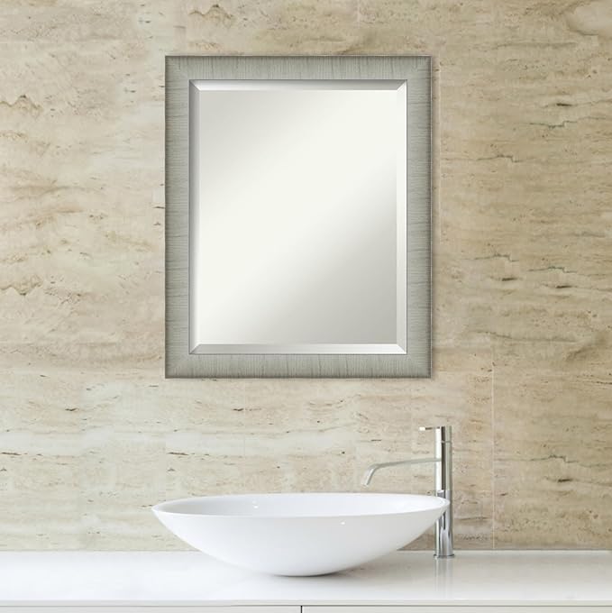 Amanti Art Silver Bathroom Mirror for Over Sink, 23x19 Elegant Brushed Pewter Narrow Rectangle Vanity Mirror, Small Casual Frame, Hangs Horizonally and Vertically, Bathroom Wall Decor, Beveled Edge