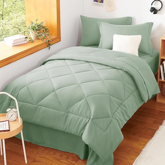 CozyLux Twin XL Comforter Set Sage Green - 5 Pieces Twin Extra Long Bed in a Bag for College Dorm, All Season Bedding Set for Girls and Boys, Soft Bed Set with Comforter, Sheets, Pillowcase & Sham