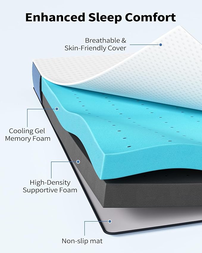 PERLECARE 3 Inch Firm Mattress Topper Twin XL Size, Cooling Gel-Infused & Bamboo Charcoal Memory Foam Bed Topper for Pain Relief, High-Density Mattress Pad with Removable Cover, CertiPUR-US Certified