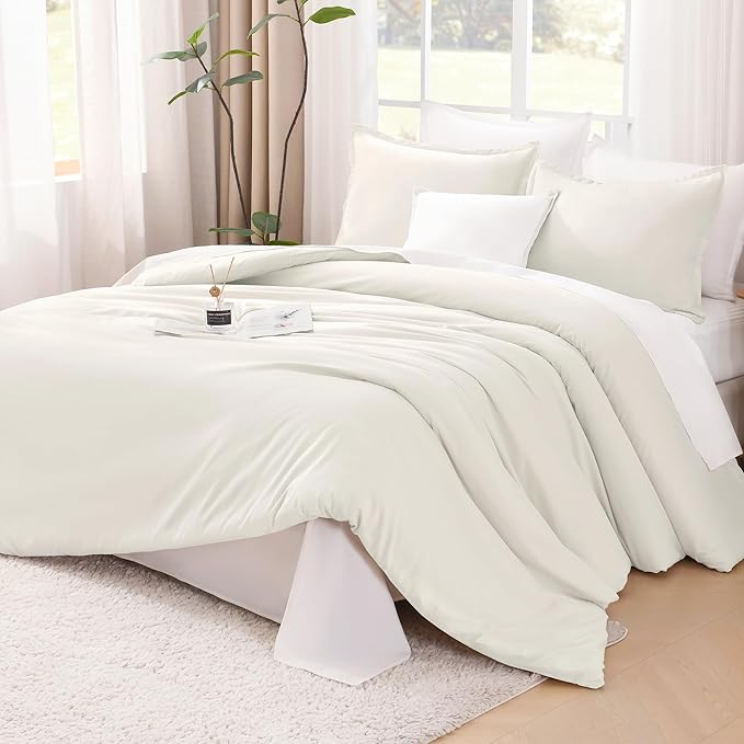 Litanika Comforters Ivory Oversized Queen Size, 3 Pieces Lightweight Solid Bedding Comforter Set, All Season Fluffy Bed Set (98x98In Comforter & 2 Pillowcases)