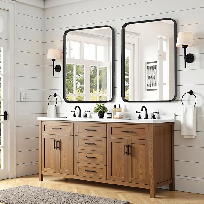 Bathroom Mirror 30x22 Inch Black Metal Framed Rounded Rectangle Vanity Mirror for Wall, Over Sink, Farmhouse, Restroom, Anti-Rust, Modern Decorative, Horizontal or Vertical Hanging