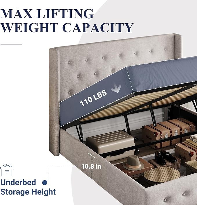 Allewie Queen Size Lift Up Storage Bed, Button Tufted Headboard with Wingback, Hydraulic Support, No Box Spring Needed, Light Beige