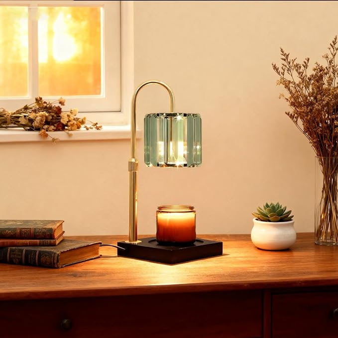 Candle Warmer Lamp with Timer, Dimmable Candle Wamer Adjustable Height, Glass Modern Candle Melter Lamp, Elegant Home Decor, Green, Gifts for Women Mom