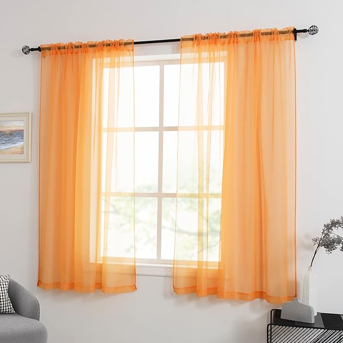 HUTO Orange Sheer Curtains 54 inches Long for Bedroom Top Rod Pocket Sheer Window Panels Curtains for Nursery Living Room 52 by 54 Inch Length Set of 2