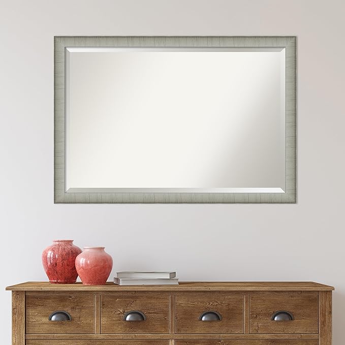 Amanti Art Silver Bathroom Mirror for Over Sink, 27x39 Elegant Brushed Pewter Narrow Rectangle Vanity Mirror, Large Casual Frame, Hangs Horizonally and Vertically, Bathroom Wall Decor, Beveled Edge
