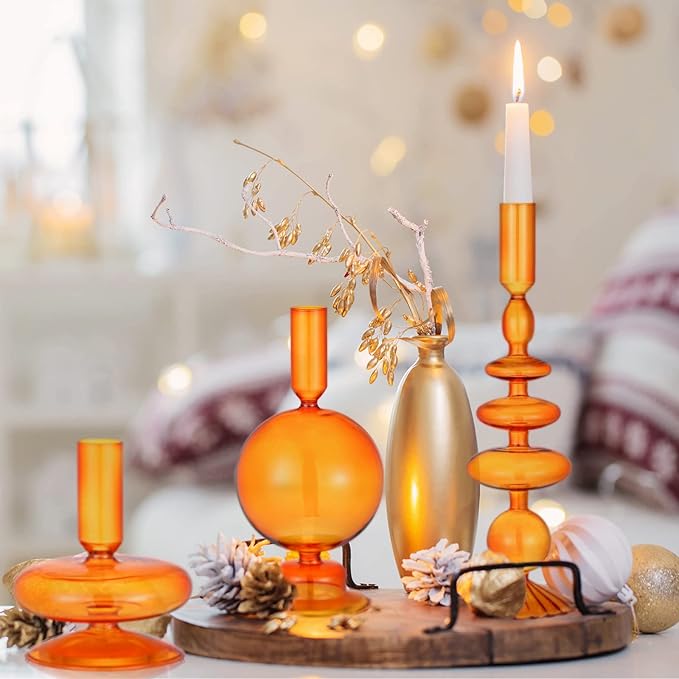 Rtteri 3 Pcs Glass Candlestick Holders Glass Candle Holders Groovy Wavy Elegant Taper Candle Stick for Wedding Home Birthday Party Christmas Halloween Decoration Windowsill Decor(Brown)