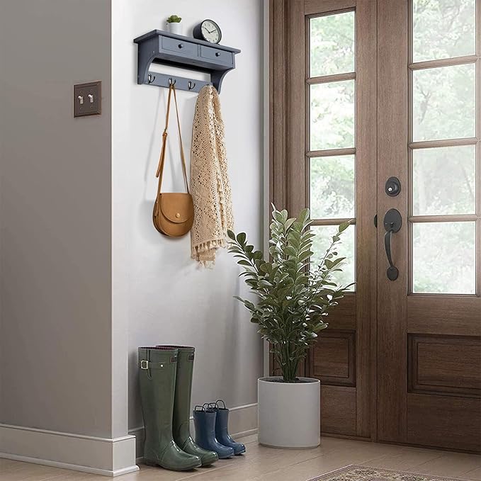 Emfogo Coat Hooks Wall Mounted, Rustic Wood Coat Rack Wall Mount Shelf with Hooks, Farmhouse Wall Coat Rack with Shelf & Coat Hook for Entryway, Mudroom, Bedroom, Kitchen, Bathroom (Gray)