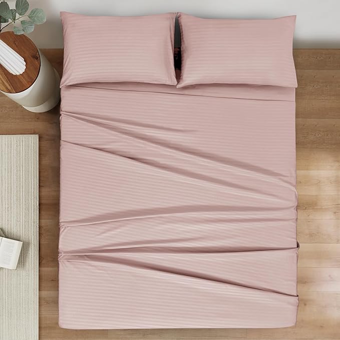 Mejoroom Striped King Size Bed Sheet Set - Hotel Luxury 1800 Bedding Sheets & Pillowcases - 16" Deep Pocket Fitted Sheet, Soft, Breathable, Wrinkle & Fade Resistant - 4 Piece(02-Dusty Pink)