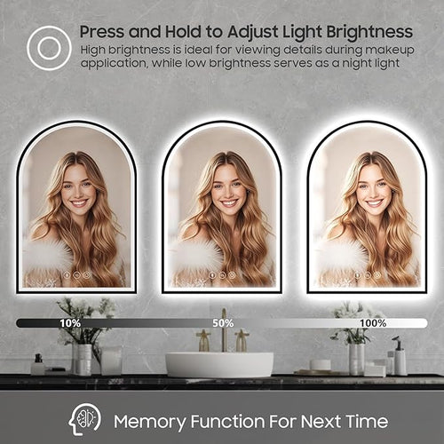 20x30 Inch Arch LED Bathroom Mirror with Bluetooth, Black Lighted Bathroom Mirrors Wall Mounted, Vanity Mirror with Anti-Fog, Memory Function, 3 Color Temperature, Dimmable Led Mirror for Bathroom
