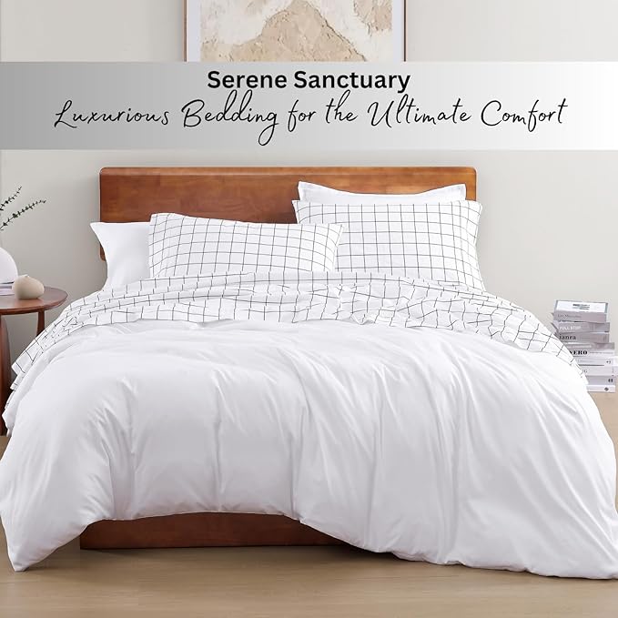 LANE LINEN 100% Organic Cotton Full Size Bed Sheets, Eco Friendly Fully Elasticized Okeo Tex Certified Printed Cotton Sheets Full, Percale Weave Soft & Comfy Comes in Variety of Prints - Windowpane