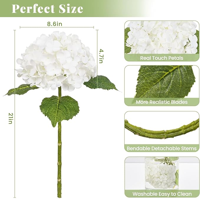 MARTINE MALL 4Pcs 21in Hydrangea Artificial Flowers, Latex Real Touch Hydrangeas Lifelike Large Hydrangea Flowers for Home Decor Party Arrangements Wedding Bouquets Centerpieces (White)
