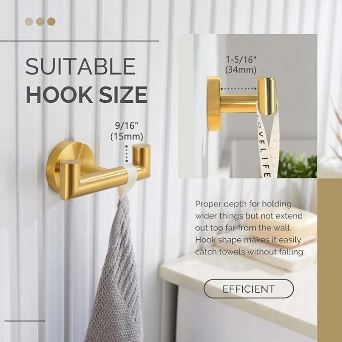 Angle Simple Bathroom Double Hook Brushed Gold, SUS304 Stainless Steel Bath Towel Holder, Double Robe Hanger Wall Mount