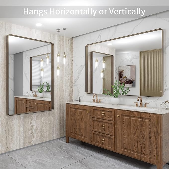 LOAAO 48”X36” Bronze Bathroom Mirrors for Vanity, Rounded Rectangle Brushed Bronze Metal Frame Mirror, Anti-Rust, Tempered Glass, Hangs Horizontally or Vertically