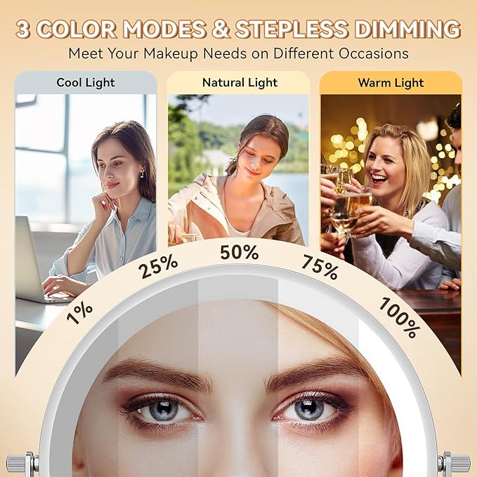 Auxmir Rechargeable Wall Mounted Lighted Makeup Mirror, 8" Double Sided 1X/10X Magnifying Vanity Mirror, 3 Color Lights Touch Dimmable Bathroom Cosmetic with 360° Swivel 13 Inch Extendable Arm, Chrome