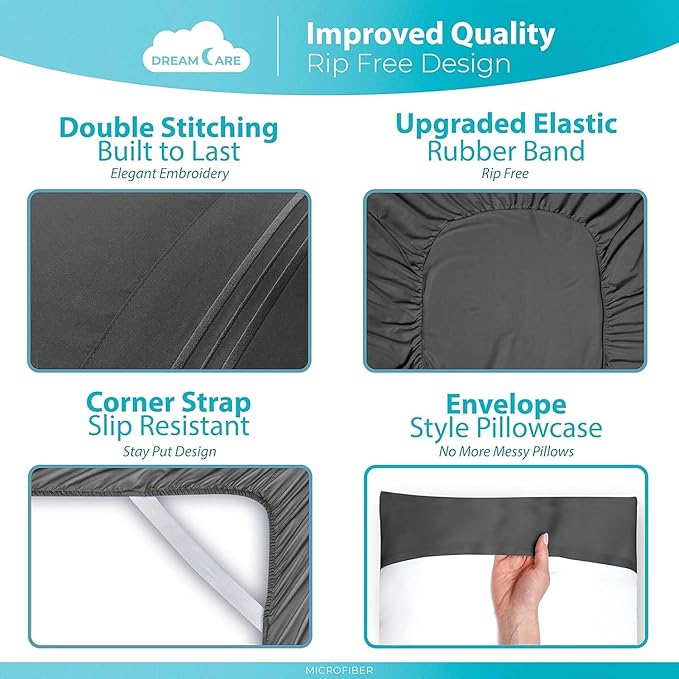 DREAMCARE Twin Sheets - 3pcs Cooling Sheets up to 21' Extra Deep Pocket Twin Bed Sheets - Twin Sheet Set - Soft & Long Lasting 100% Fine Brushed Polyester with Side Pocket - DGray