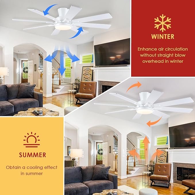 Ceiling Fans with Lights- 52" Low Profile Indoor Ceiling Fan with Light and Remote/APP Control, 8 Blade,Flush Mount, LED Dimmable DC Reversible Modern Ceiling Fan for Bedroom（White）