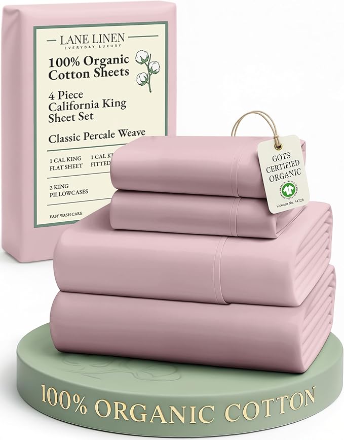 LANE LINEN 100% Organic Cotton Fully Elasticized California King Sheet Set, Low Pilling Fade Resistant Machine Washable Naturally Cooling Mercerized Soft & Comfy Cotton Sheets – Sepia Rose
