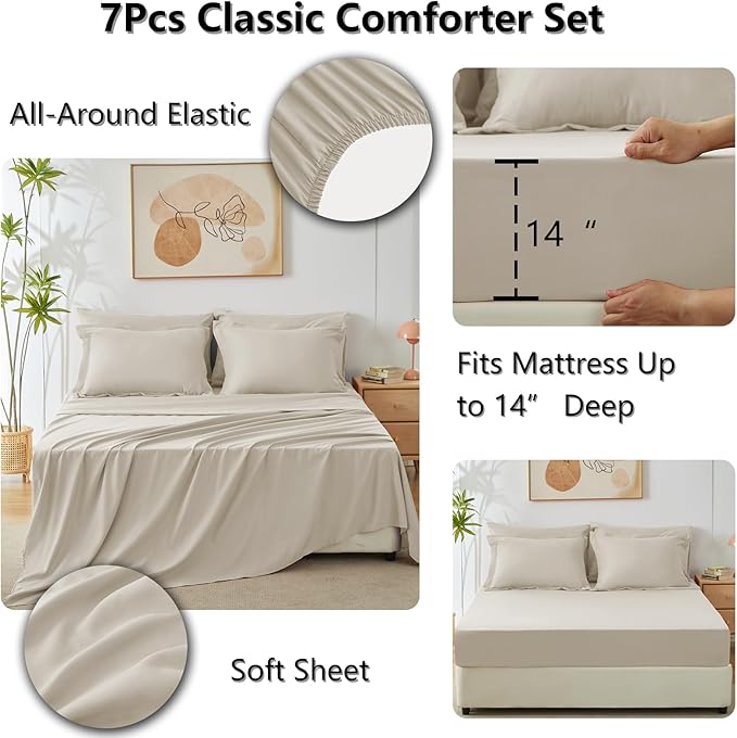 CozyLux King Size Comforter Set Oatmeal - 7 Pieces Bed in a Bag King, Luxury Soft Bed Set for All Seasons, Bedding Set with Down Alternative Comforter, Sheets, Pillowcases & Shams