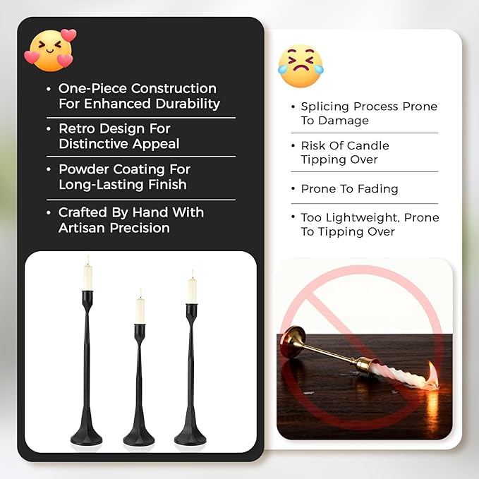 Black Taper Candle Holder 3-Pack - Iron Taper Candle Stick Holders for Table Decor, Wedding, Party - Fits 3/4 Inch Candles