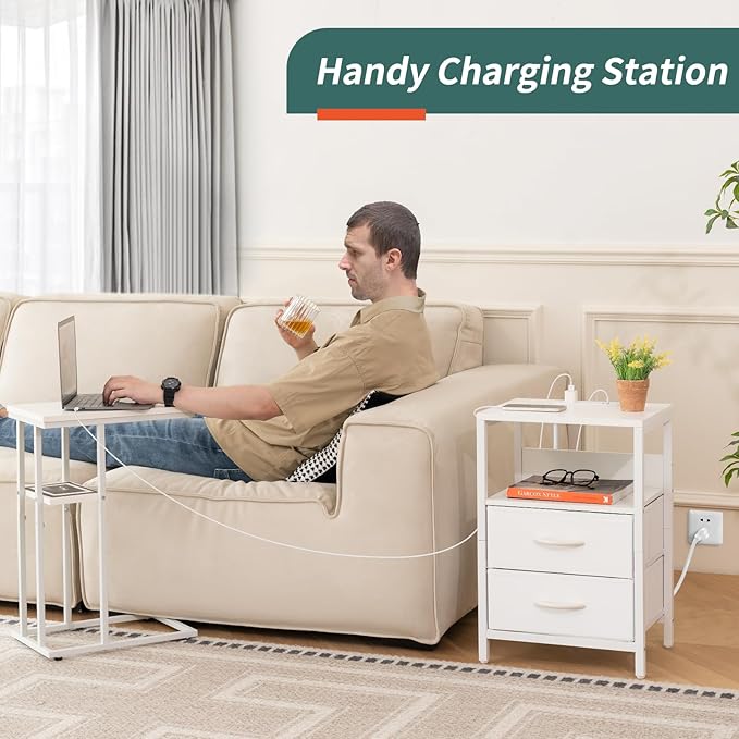 Yoobure Nightstand with Charging Station, Small Night Stand with Fabric Drawers and Storage Shelf for Bedrooms, Nightstands for Small Spaces, Bedside Table with USB Ports & Outlets, Bed Side Table