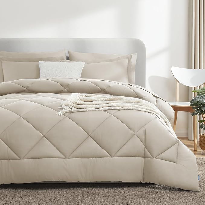 CozyLux King Size Comforter Set Oatmeal - 7 Pieces Bed in a Bag King, Luxury Soft Bed Set for All Seasons, Bedding Set with Down Alternative Comforter, Sheets, Pillowcases & Shams