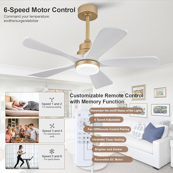 BOJUE 42 Inch Ceiling Fans with Lights and Remote Control, White Gold Ceiling Fan with Light for Bedroom, Noiseless DC Motor, Dimmable Led 5 Solid Wood Blades