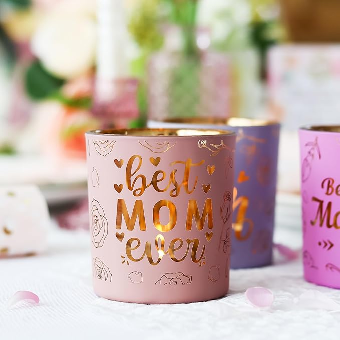 SHMILMH Thanksgiving for Mom from Son Daughter, Mothers Day Table Decoration 4 PCS, Glass Candle Jar Votive Candle Holder for Mother's Birthday Party Decor
