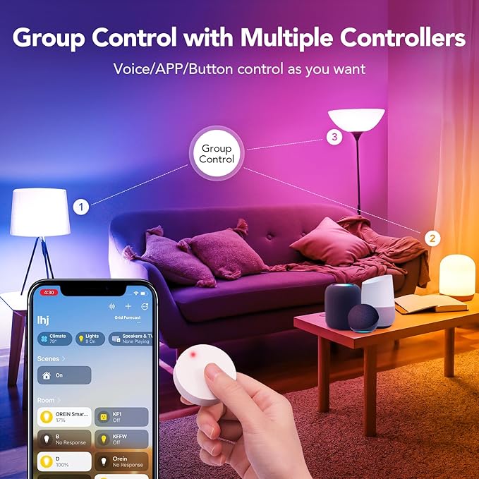 OREiN Matter Smart Light Bulb, Smart Light Bulbs with Remote Control Work with Apple Home, Alexa, Google Home, SmartThings, Color Changing Light Bulbs 2.4Ghz WiFi, 800 Lumens Equivalent 60W 2Pack