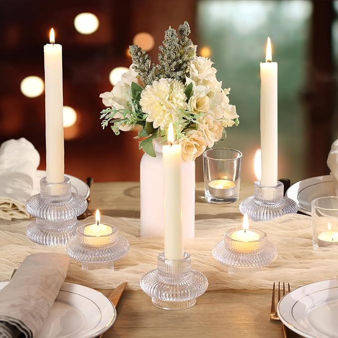 Candle Stick Candle Holder Set of 8, Taper Candle Holders for Wedding Table Centerpiece, Ribbed Glass Votive Candle Holders for Christmas, Romantic Dinner, Festival & Windowsill Decor