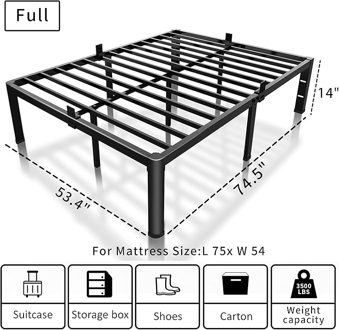 ROIL 14 inch Full Size Bed Frame with Headboard Hole and Round Corner Legs Mattress Retainers 3500LBS Heavy Duty Steel Slats No Box Spring Needed Platform Noise-Free Underneath Storage