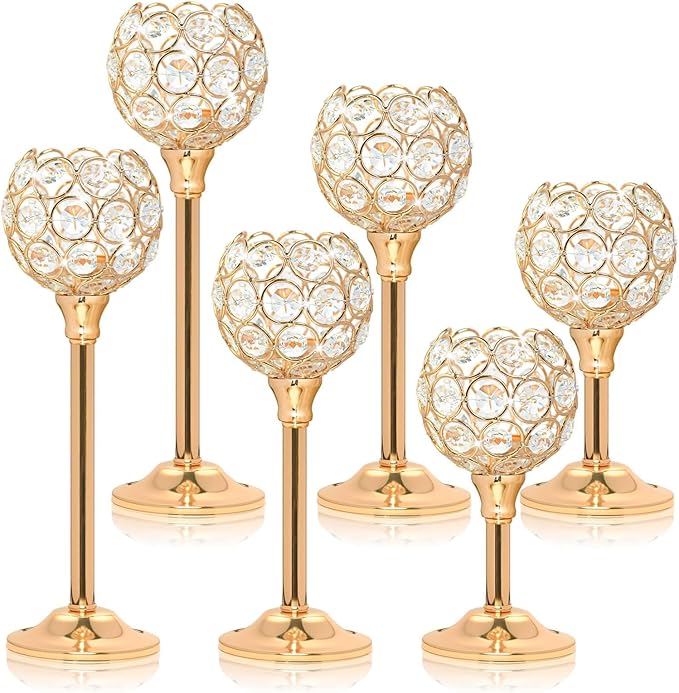 Elegant Crystal Candle Set of 6- Gold Tealight Holders, Votive Candelabras & Bowl Centerpiece Bulk for Dining Table, Wedding Decor