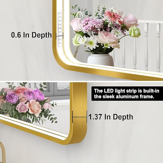LED Bathroom Mirror with Lights, 48x28 Inch Gold Metal Framed LED Mirror for Bathroom, 3 Colors and Stepless Dimmable Wall Mounted Lighted Bathroom Vanity Mirror, Anti-Fog, Memory